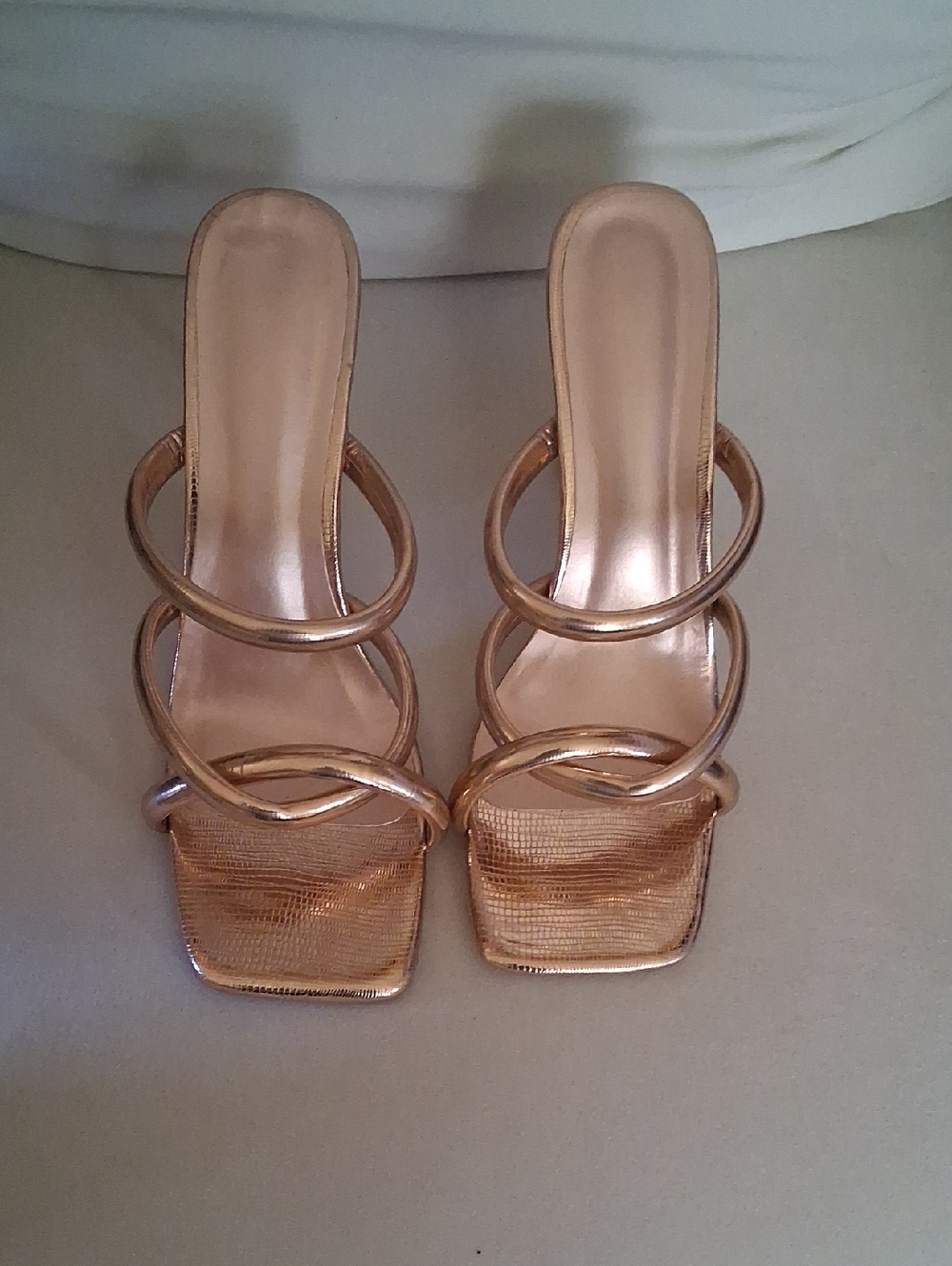 Stylish Metallic Rose Gold Strappy Heeled Sandals
